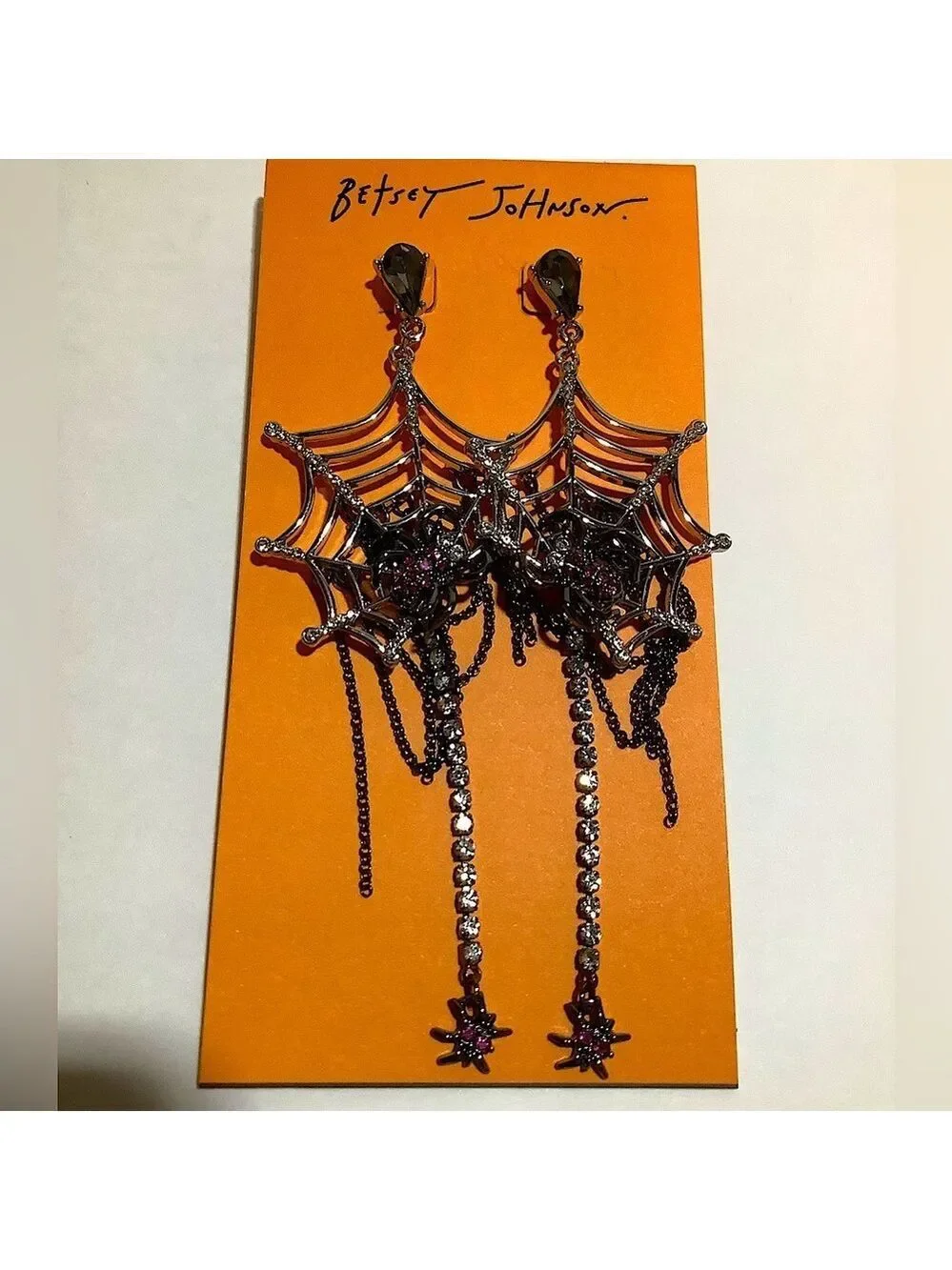Betsey Johnson Halloween Spiderweb Spider Crystal Earrings New